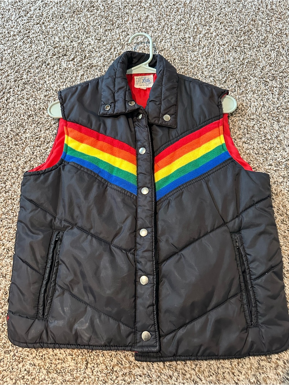 Vintage-Inspired Black Puffer Vest with Rainbow Stripe - Women's